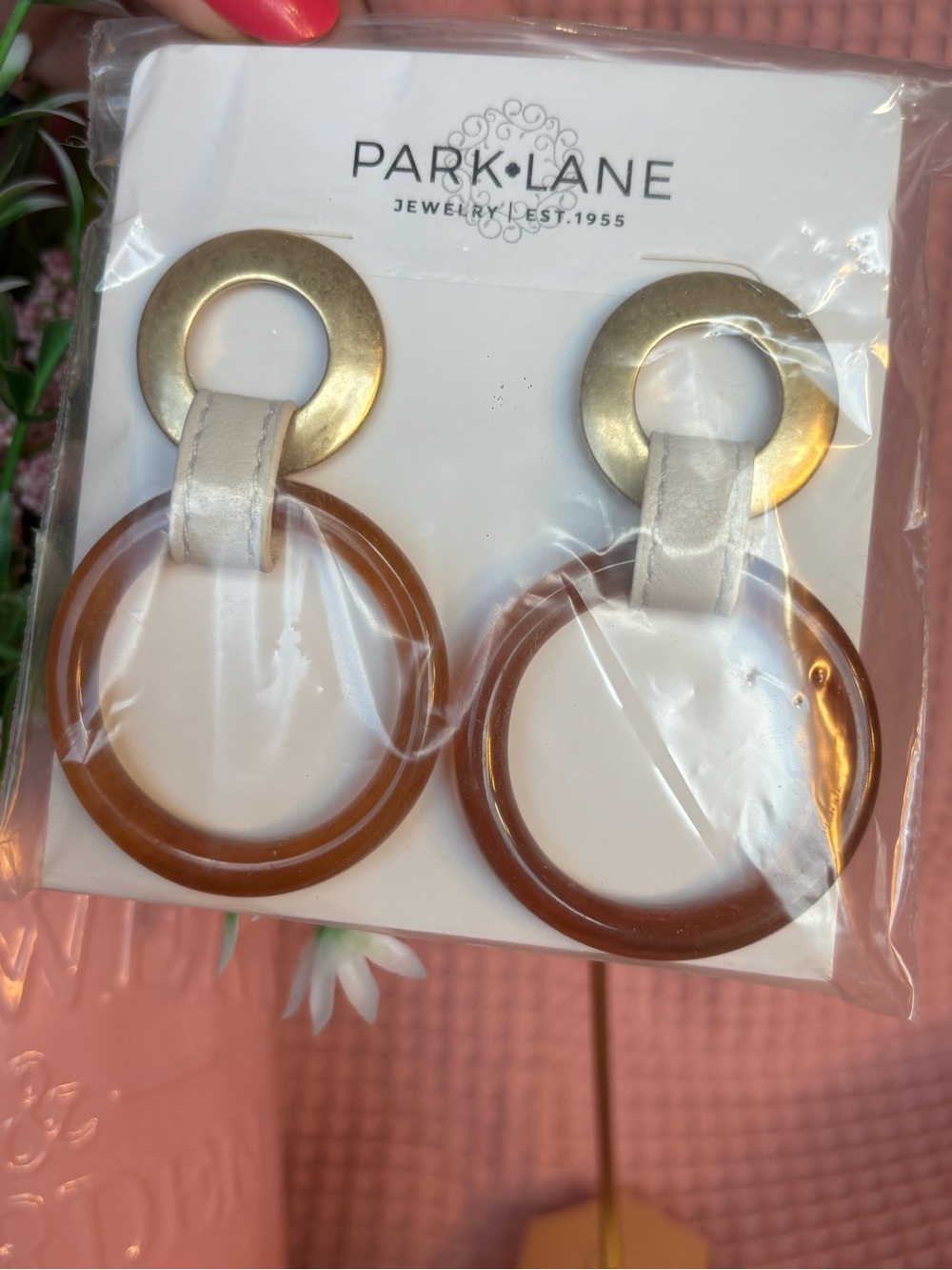 Park Lane Fawn Funky Fun Gold, Brown & Cream Hoop Drop Stud Earrings - Picture 6 of 7